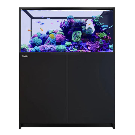 Red Sea Reefer Peninsula 500 G3 saltwater aquarium – full front view with sleek rimless glass and cabinet stand.