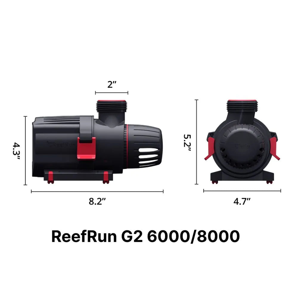 ReefRun G2 8000 DC Pump side angle showing inlet and outlet